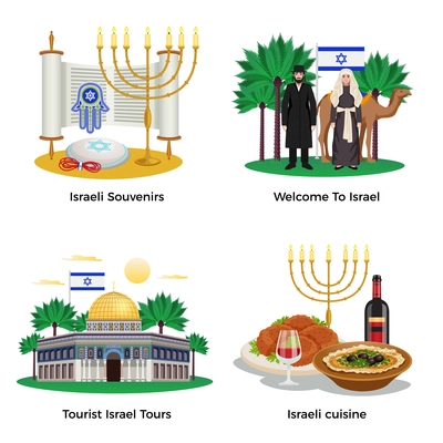 Israel travel concept icons set with tours and cuisine symbols flat isolated vector illustration