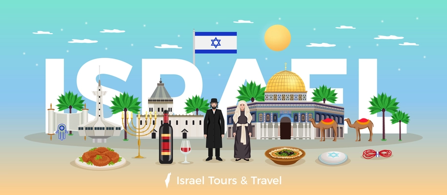 Israel travel concept with trips and holidays symbols flat vector illustration