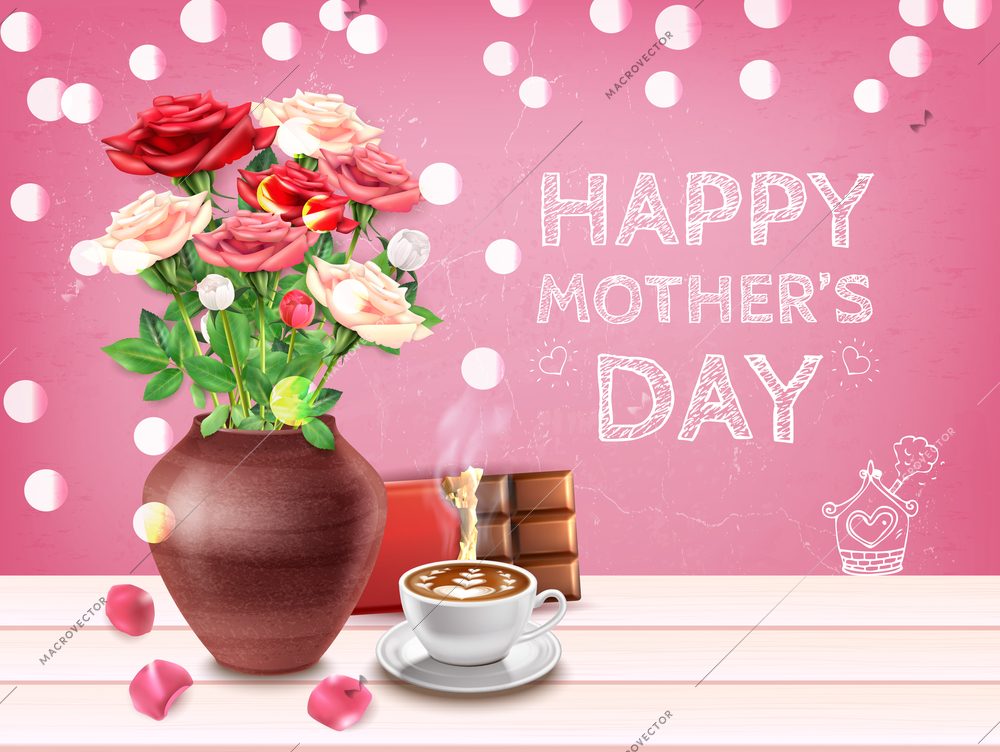 Mothers day composition with background text and view of table with flower bowl coffee and sweets vector illustration