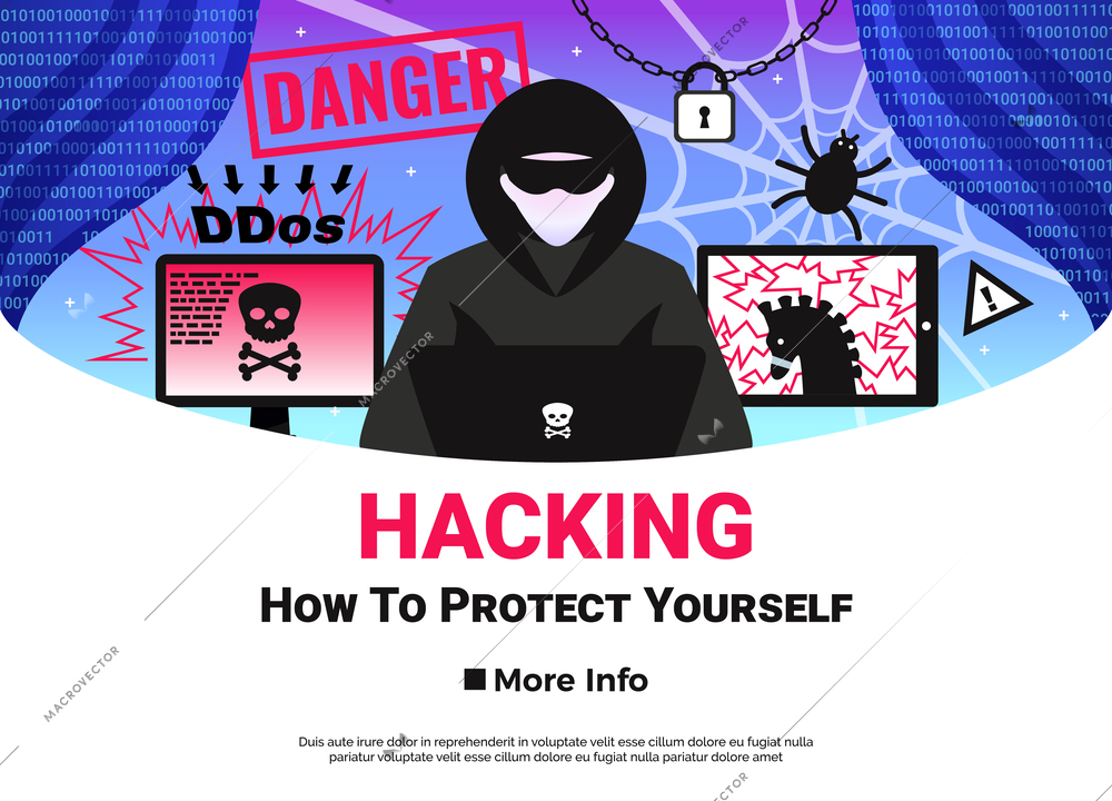 Hacker poster with online danger and sttacks symbols flat vector illustration