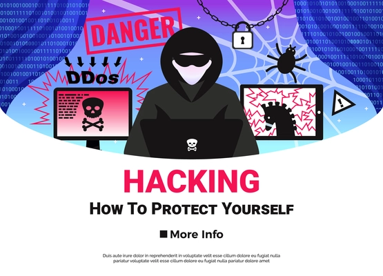 Hacker poster with online danger and sttacks symbols flat vector illustration