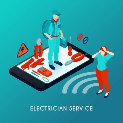 Electrician online service isometric composition with repairman in uniform with tools equipment on smartphone screen vector illustration