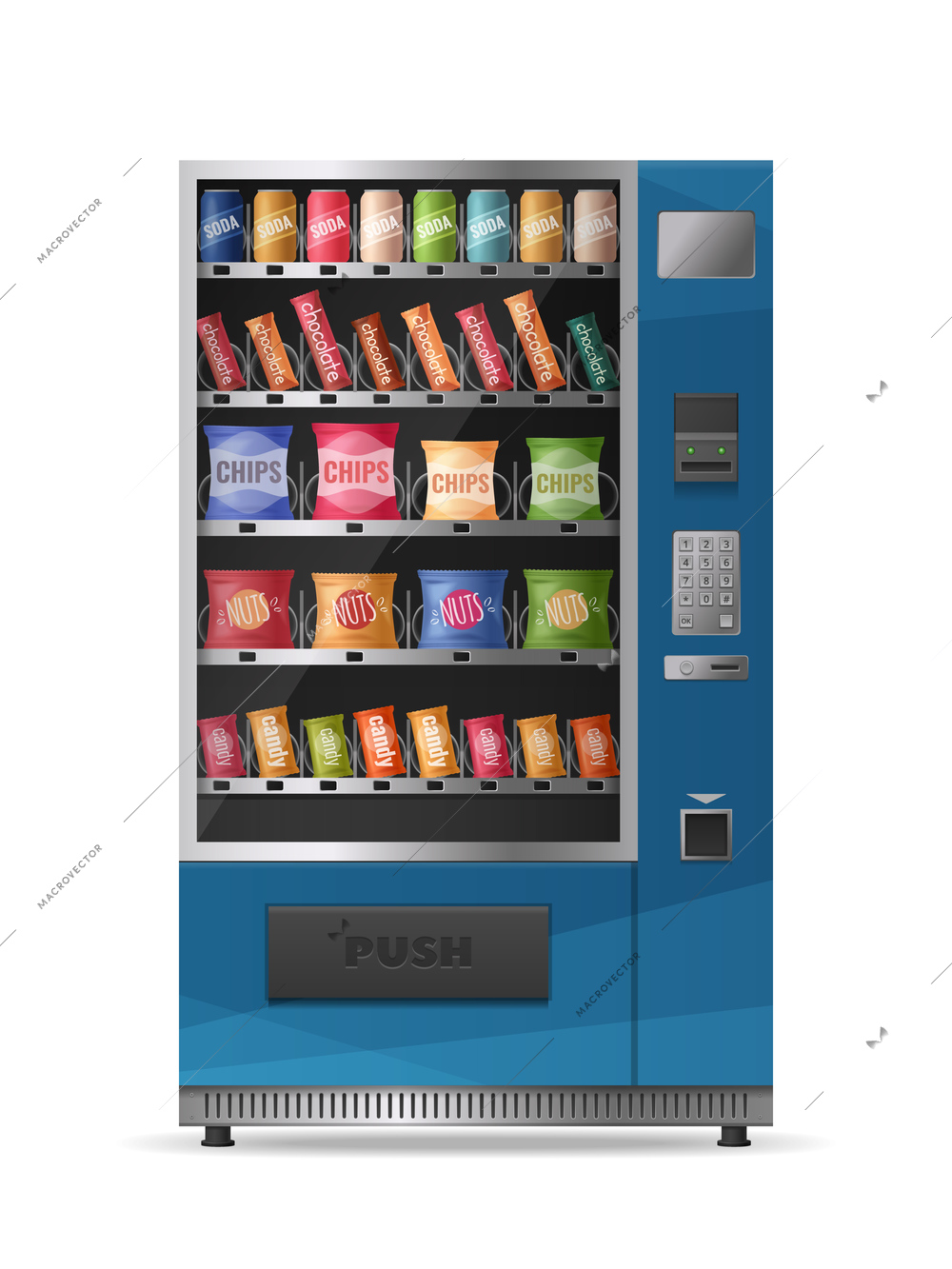 Colored realistic design of snacks vending machine with electronic control panel isolated on white background vector illustration