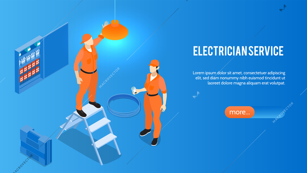 Electrician service online isometric website home page banner with home electric appliances installation repair maintenance vector illustration