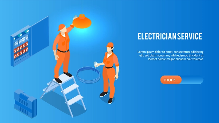 Electrician service online isometric website home page banner with home electric appliances installation repair maintenance vector illustration