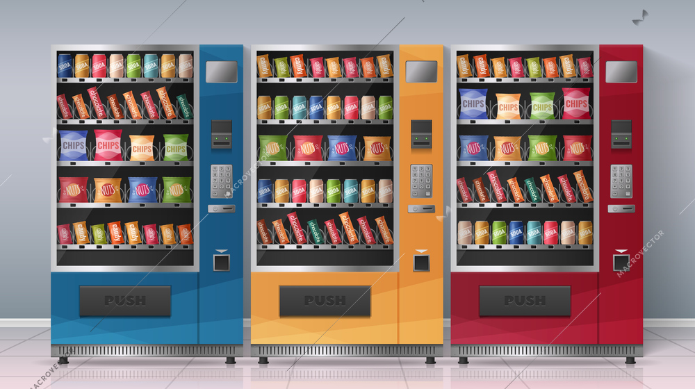 Realistic poster with three multicolored vending machines full of beverages and snacks vector illustration