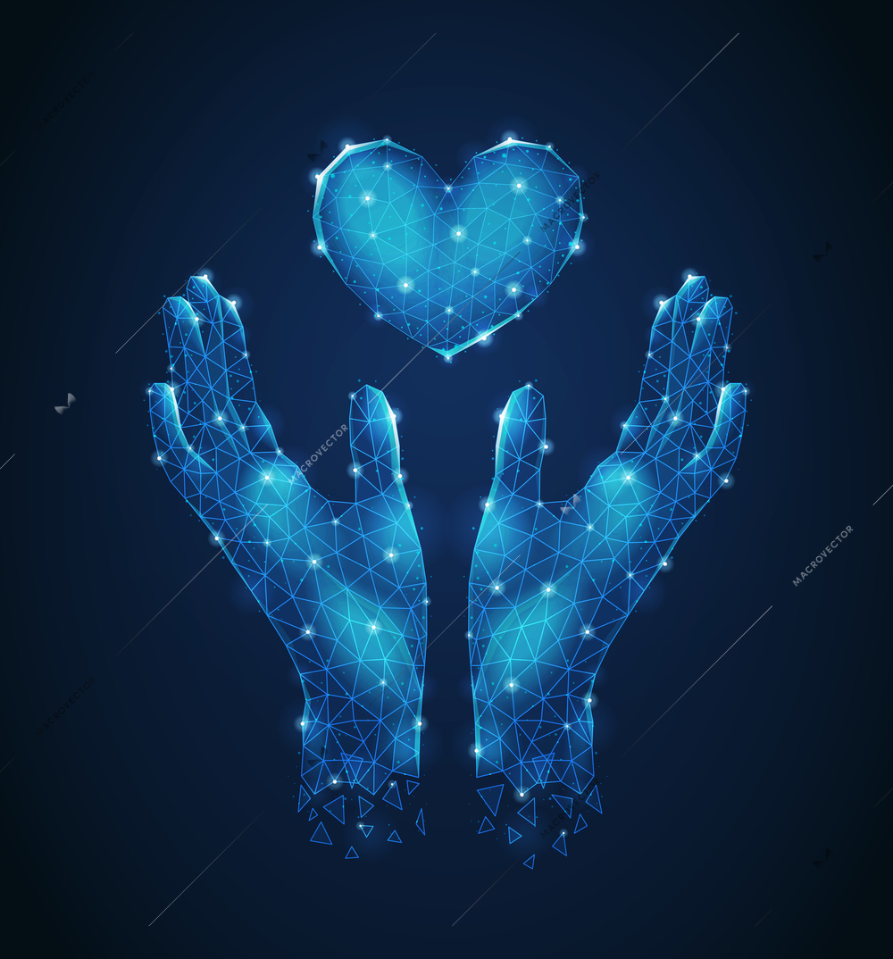 Human hands guarding heart luminescent polygonal wireframe futuristic composition abstract vector illustration