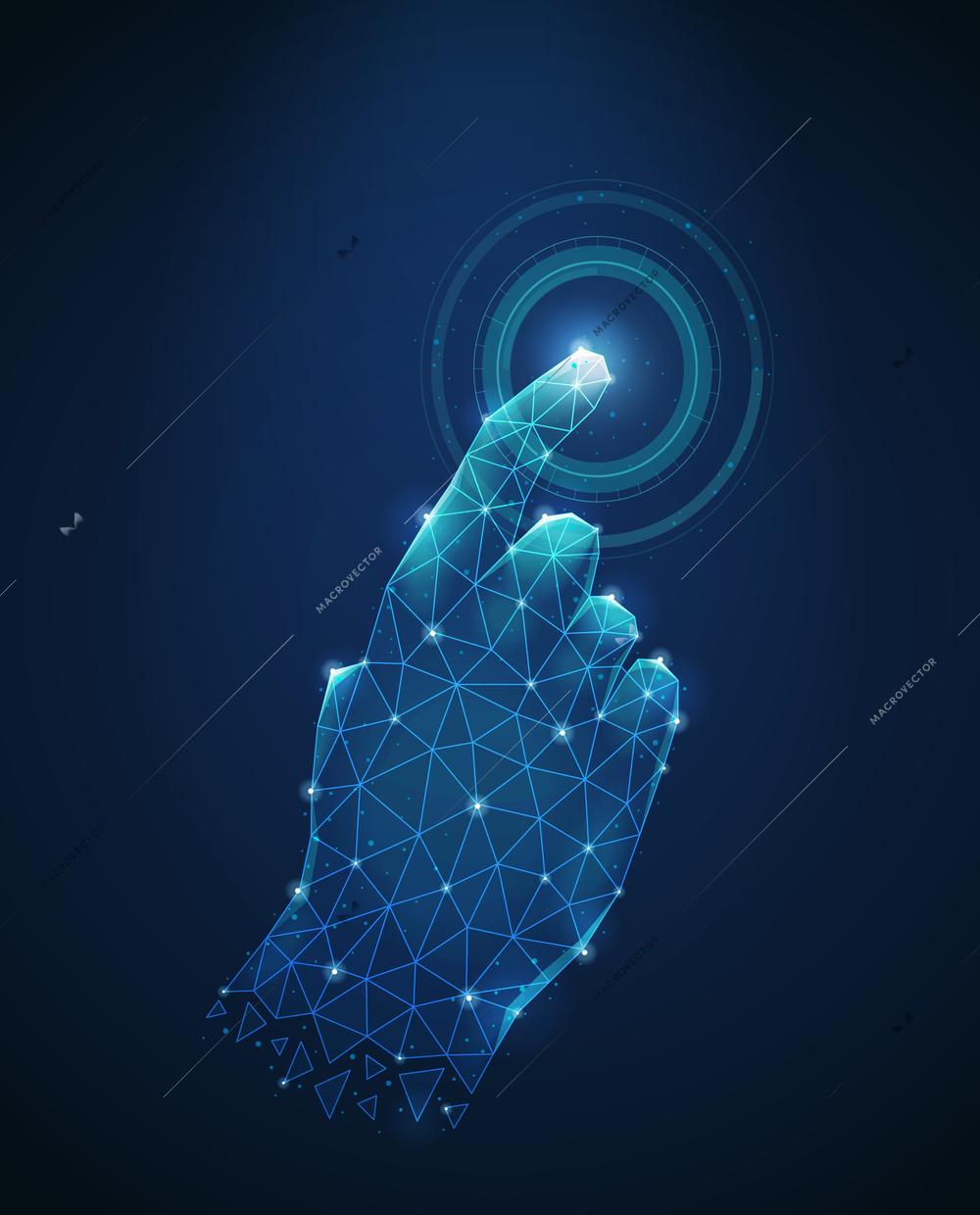 Futuristic blue background with polygonal wireframe image of human hand touch to electronic display abstract vector illustration