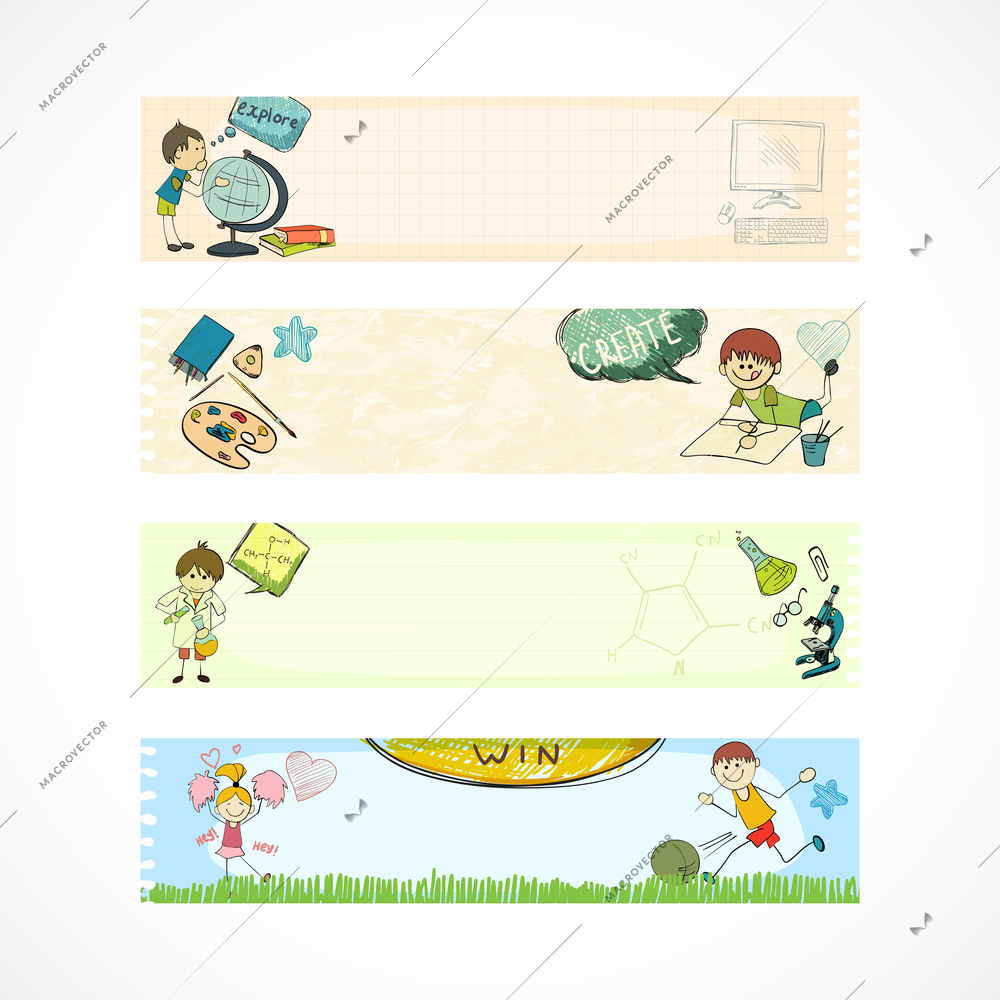 Four decorative horizontal school kids education molecule formula computer learning creative activities banners sketch doodle vector illustration