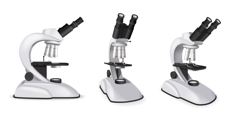 Set of professional microscope view from different angles in realistic style isolated vector illustration