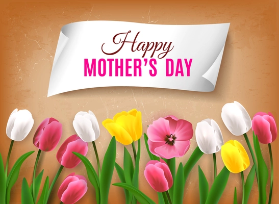 Mothers day background with realistic images of colourful flowers with green stems leaves and editable text vector illustration