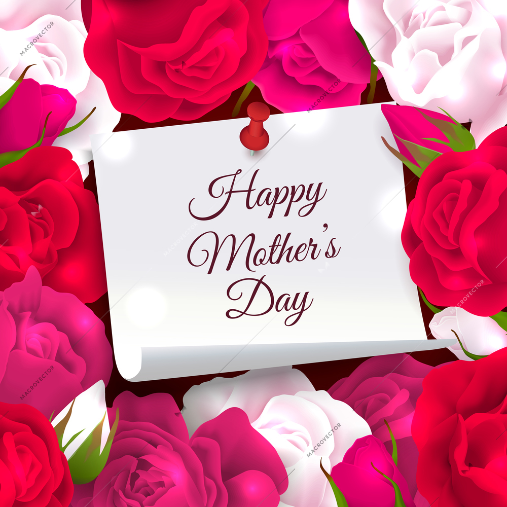 Mothers day frame composition of paper with place for editable ornate text surrounded by rose flowers vector illustration