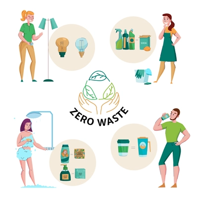 Zero waste concept emblem and 4 flat compositions with ecological natural detergents soap reusable packaging vector illustration