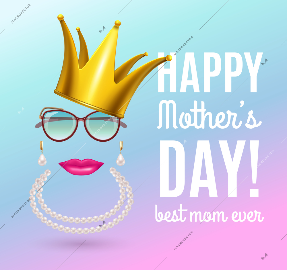 Mothers day composition with gradient background and ornate text with stickers of crown jewelry and glasses vector illustration