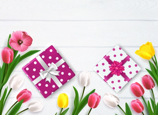 Mothers day composition with top view of polka-dot gift boxes and flowers on wooden background vector illustration