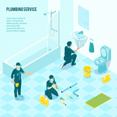 Plumbing service team in uniform installing sanitary in toilet shower bathroom isometric advertising composition poster vector illustration