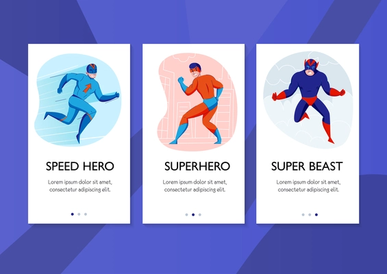 Superhero speed hero super beast comic books characters action pose 3 vertical banners blue background vector illustration