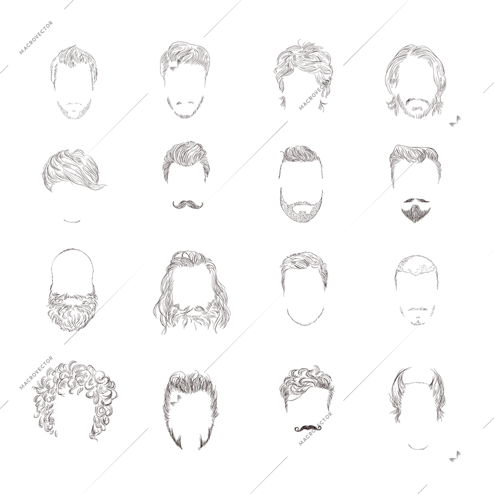 Hand drawn man male avatars set with haircut styles isolated vector illustration