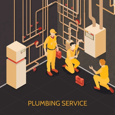 Plumbing service team at work isometric composition with basement boiler heating system maintenance installation repair vector illustration