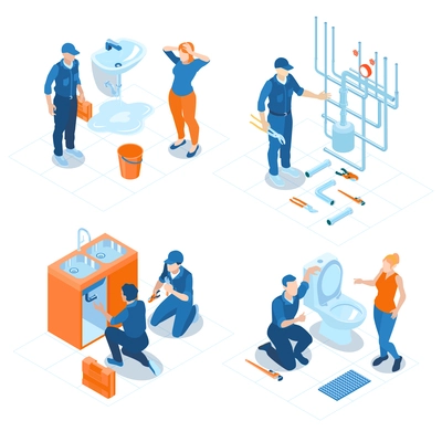 Plumbing service home office bathroom sanitary fixing installations boiler heating system repair 4 isometric compositions vector illustration
