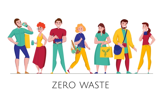 Zero waste environmental conscious plastic free eco friendly people wearing natural  clothing flat horizontal set vector illustration