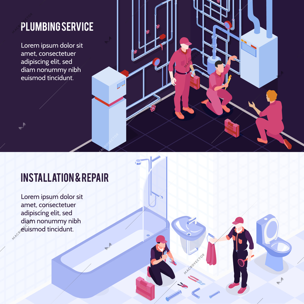 Plumbing service boiler maintenance repair bathroom shower toilet sanitary installation 2 horizontal isometric advertising banners vector illustration