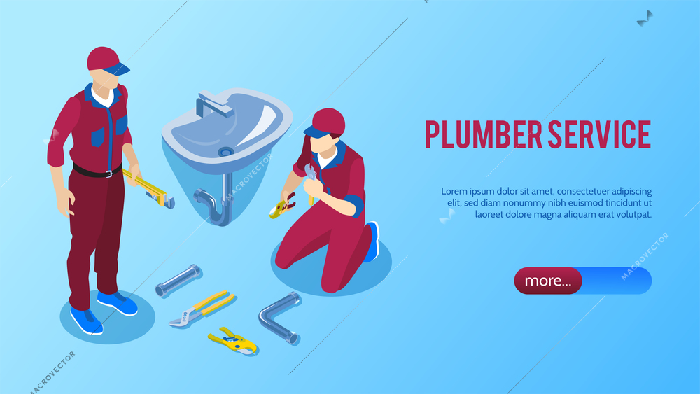 Professional plumber service online horizontal isometric web page banner with two repairmen fixing bathroom sink vector illustration