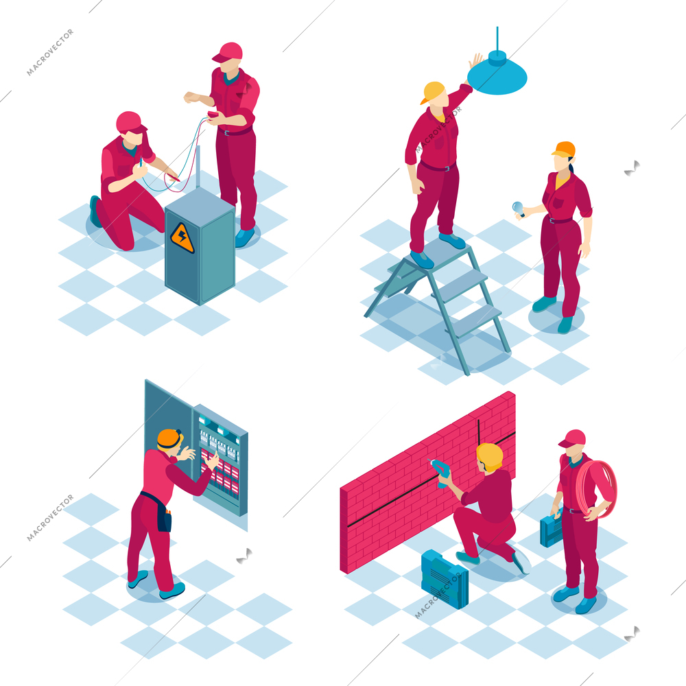 Qualified electricians job concept 4 isometric compositions with construction wiring installation repair team red uniforms vector illustration