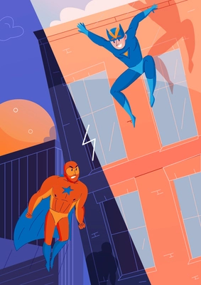 Superheroes fight against villains comics games characters with flying super man and jumping speed hero vector illustration