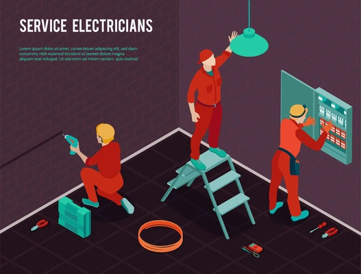 Electricians home office construction renovation maintenance service isometric composition with workmen team installing switch board vector illustration