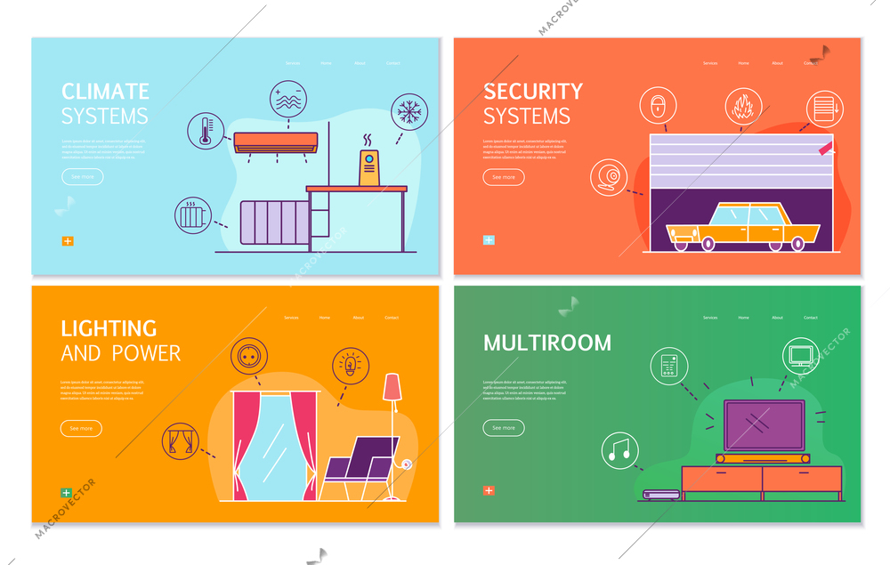 Smart house 4 flat banners concept with internet of thing controlled lighting climate security systems vector illustration