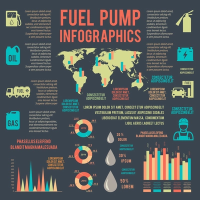 Auto gasoline fuel pump station service infographics with world map on black background vector illustration