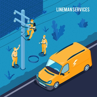 Electrician power line technicians team outdoor work with lineman high voltage  transmission cables maintenance service vector illustration