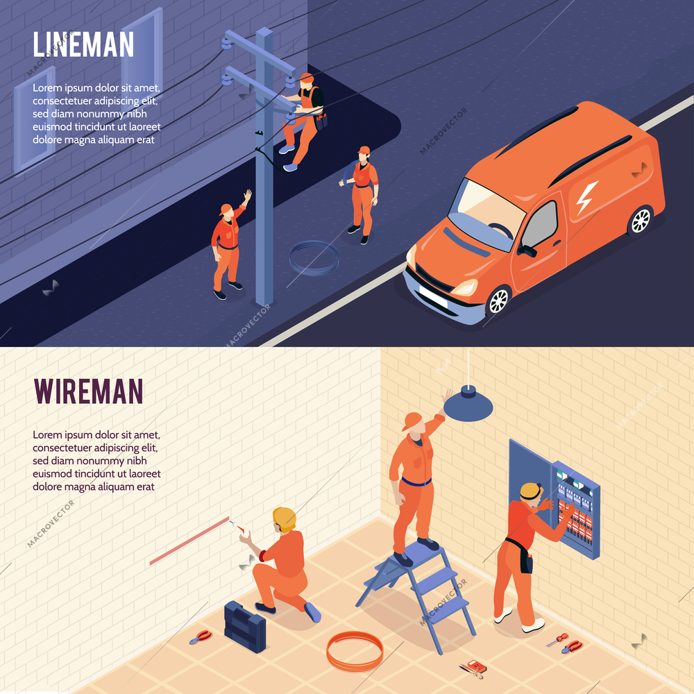 Electricians power line technicians service 2 isometric horizontal banners with wireman home office lineman job vector illustration
