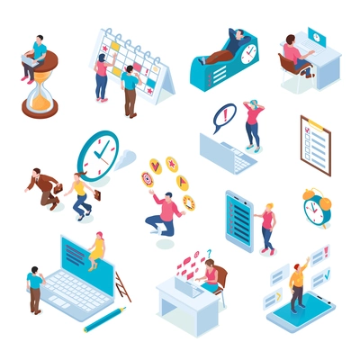 Time management deadline meeting strategy planning schedule cooperation multitasking productivity isometric symbols icons set isolated vector illustration