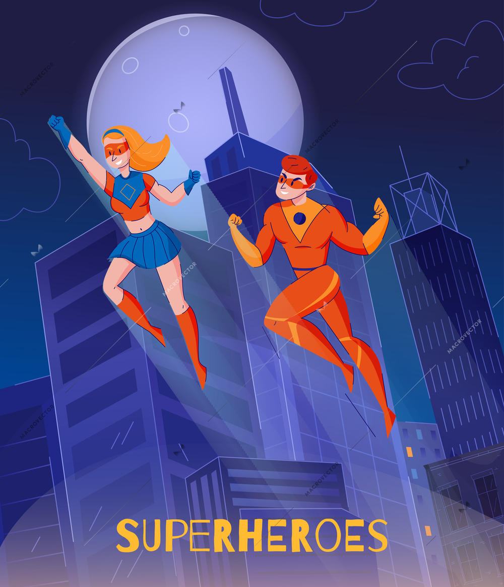 Flying superheroes soaring above night city towers comics wonder woman super man characters background poster vector illustration