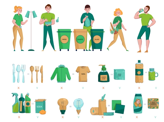 Zero waste protecting environment collecting sorting choosing natural organic sustainable materials flat icons images set vector illustration