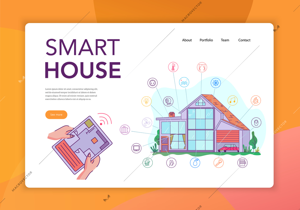 Smart house internet of things intelligent technology concept flat website banner with iot tablet control vector illustration