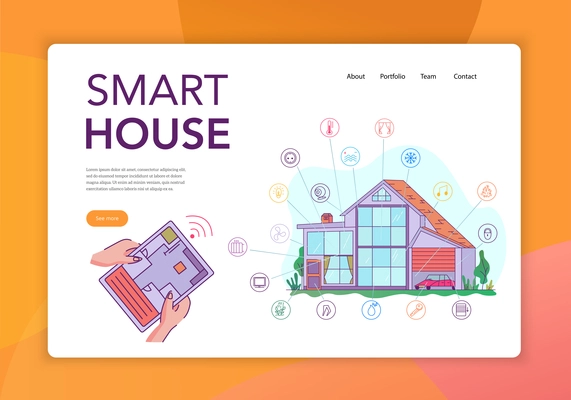 Smart house internet of things intelligent technology concept flat website banner with iot tablet control vector illustration