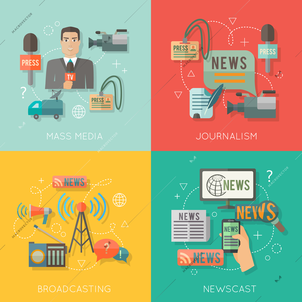 Mass media journalism broadcasting news cast concept flat business icons set of paparazzi profession live radio for infographics design web elements vector illustration