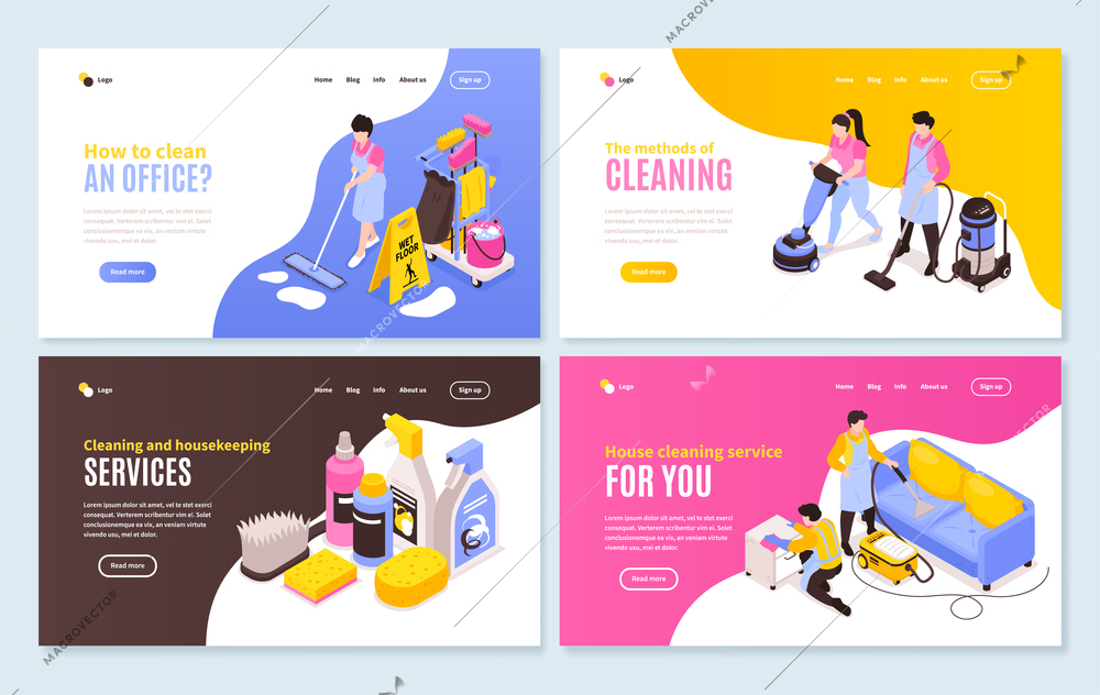 Isometric cleaning service horizontal banners collection with four web site compositions of images and clickable links vector illustration