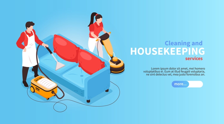 Isometric cleaning service horizontal banner with faceless human characters and couch with vacuum cleaner and text vector illustration