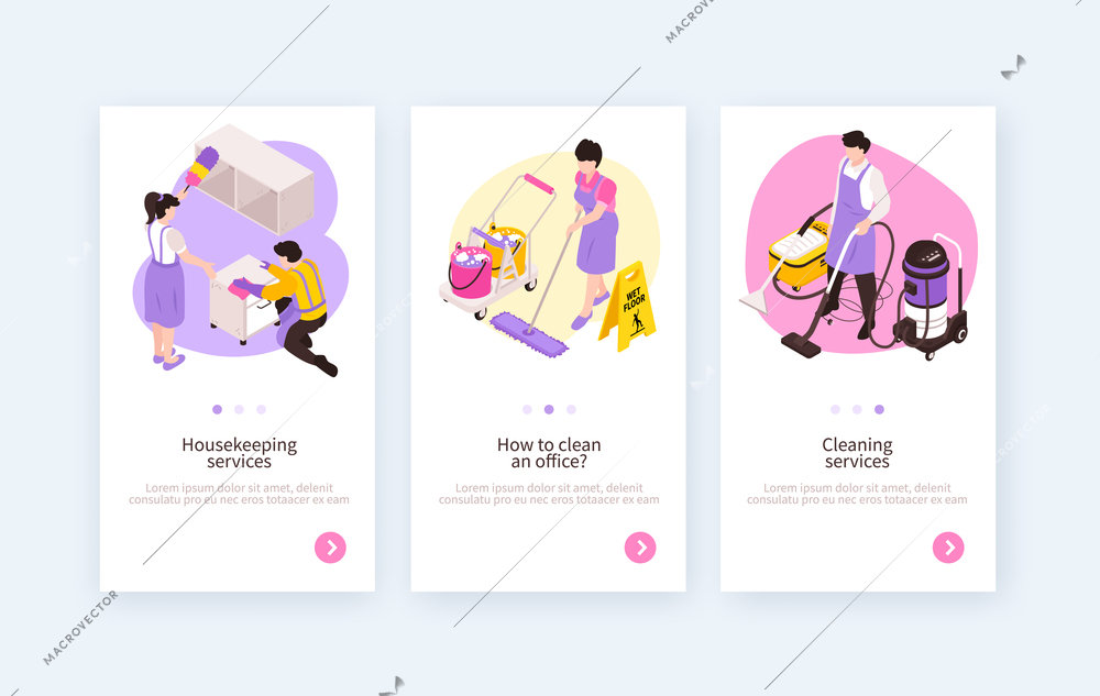 Set of three isolated isometric cleaning service vertical banners with clickable buttons and editable text description vector illustration