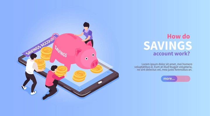 Isometric online mobile banking horizontal banner composition with images of pig shaped still bank and smartphone vector illustration