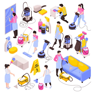 Isometric cleaning service set of isolated images cleanser products detergents vacuum cleaners and people in uniform vector illustration