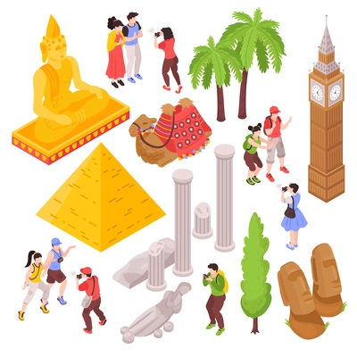 Isometric journey travel attractions set with isolated images of tourists and famous sightseeing places of interest vector illustration