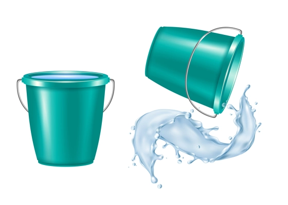 Plastic bucket realistic set with pouring water isolated vector illustration