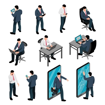 Men with device isometric set of male characters holding smartphones texting talking and working using laptop isolated vector illustration