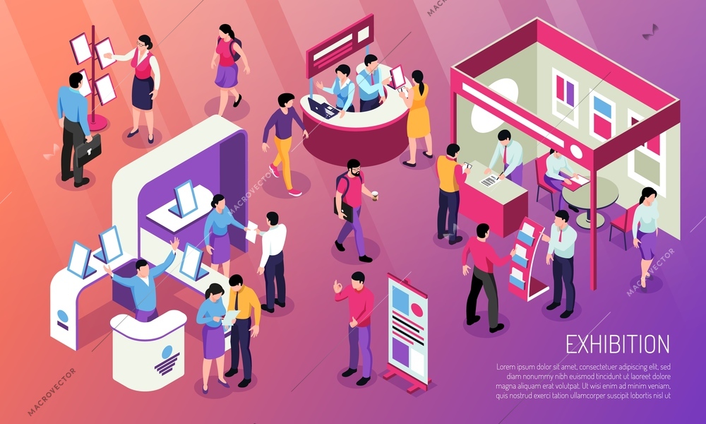 Exhibition horizontal illustration with visitors  looking at advertised product and consultant characters at expo stands isometric vector illustration