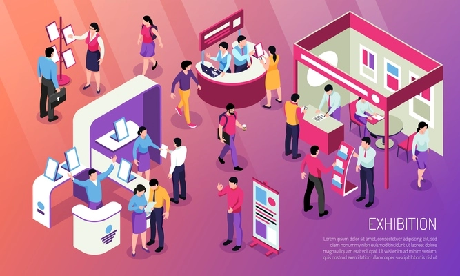 Exhibition horizontal illustration with visitors  looking at advertised product and consultant characters at expo stands isometric vector illustration